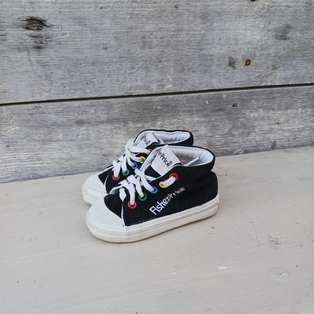 Vintage Fisher Price Footwear Toddler Baby Canvas Hi Tops Size 3 Black Sneakers